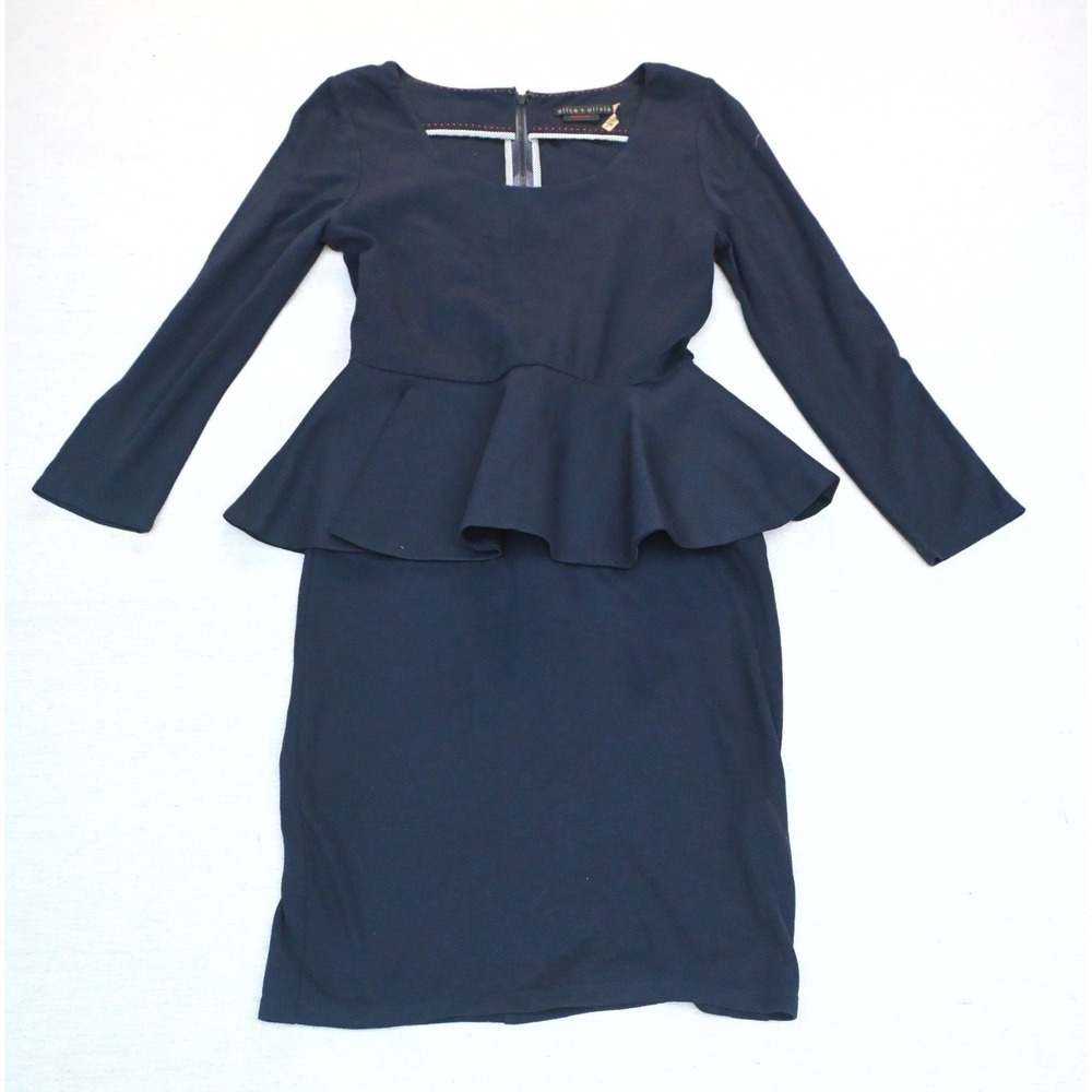 Alice + Olivia Womens Navy Knit Peplum Sheath Dress Long Sleeve Scoop Neck Sleek